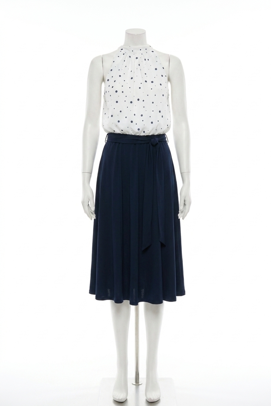 NEW JOSEPH RIBKOFF polka dot blouson midi dress in vanilla/midnight blue